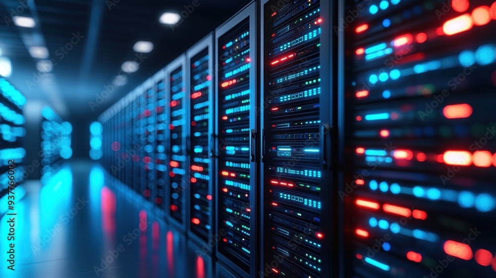 Futuristic Data Center Hallway with Illuminated Servers and Vibrant Glow for Efficient Data Flow Futuristic Data Center Hallway with Illuminated Servers and Vibrant Glow for Efficient Data Flow
