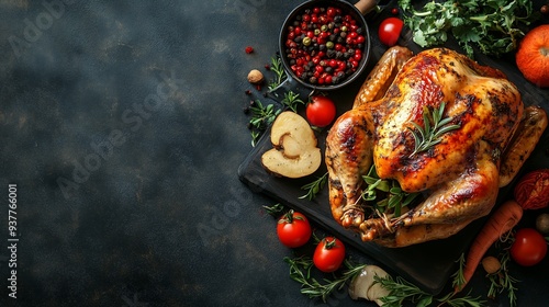 A fresh juicy turkey on the table, surrounded by vegetables and cooking utensils on a wooden background. used for a restaurant menu or a Christmas or Thanksgiving festive dish