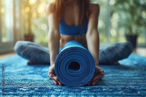 Close up of sporty woman folding yoga mattress in sport fitness gym training center background Exercise mat rolling keeping after yoga class Workout and sport training concept Hands on carpet