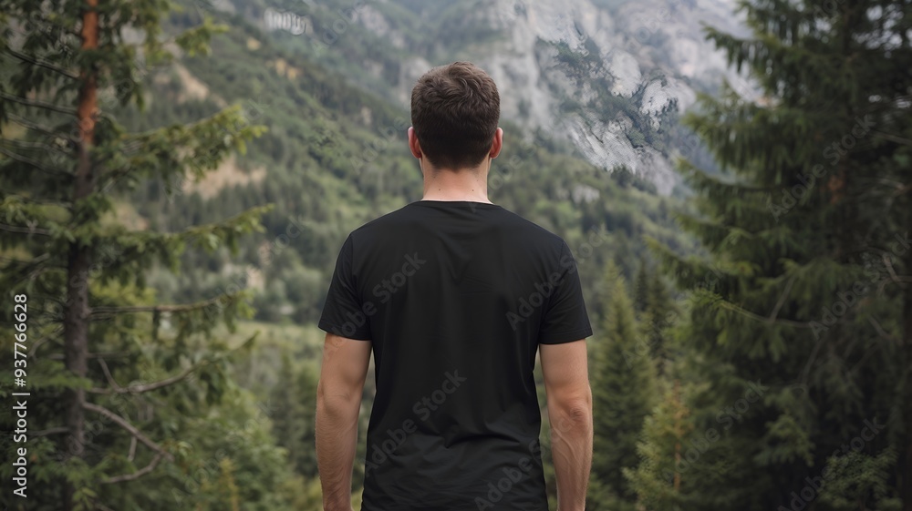Man In A Black T-shirt Facing Serene Mountain Forest, Majestic Landscapes, And Lush Greenery Across Different Natural Lighting Conditions, Man In The Forest, Back View Of A Man Mock Up Blank T-shirt Man In A Black T-shirt Facing Serene Mountain Forest, Majestic Landscapes, And Lush Greenery Across Different Natural Lighting Conditions, Man In The Forest, Back View Of A Man Mock Up Blank T-shirt