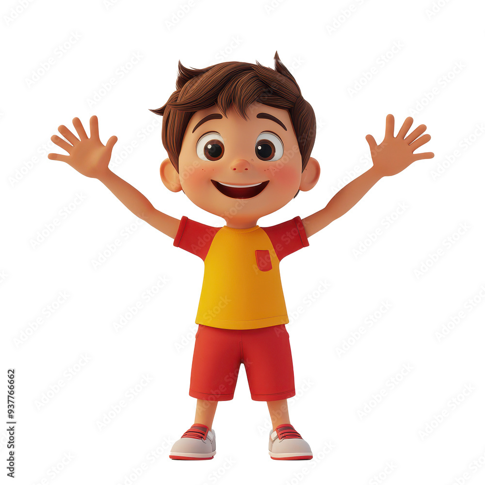 A cheerful cartoon boy with brown hair smiles and raises his arms, dressed in a colorful outfit. Perfect for children's themes. A cheerful cartoon boy with brown hair smiles and raises his arms, dressed in a colorful outfit. Perfect for children's themes.