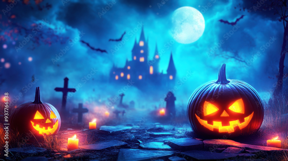 Halloween background with burning candles and a pumpkin in the night forest, dark blue color, a castle in the foggy distance with copy space Halloween background with burning candles and a pumpkin in the night forest, dark blue color, a castle in the foggy distance with copy space