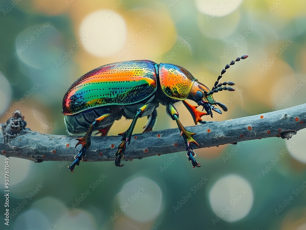 Colorful Iridescent Beetle Crawling on Branch with Copy Space Colorful Iridescent Beetle Crawling on Branch with Copy Space