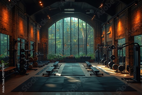 Dark background gym with barbells and machines