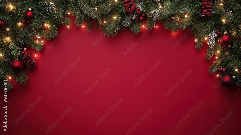 Festive Christmas Garland with Twinkling Lights on Red Background Festive Christmas Garland with Twinkling Lights on Red Background