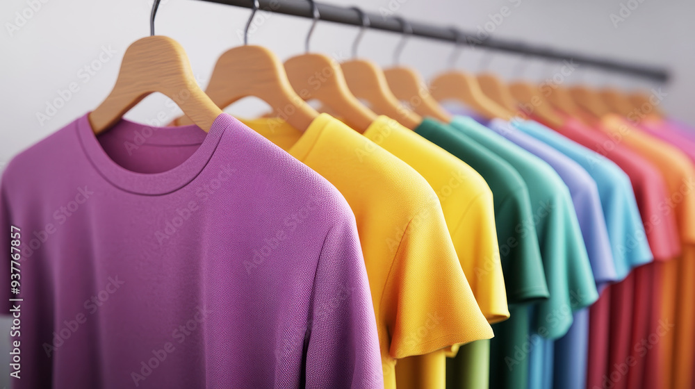 Obraz premium Vibrant pastel-colored t-shirts hanging on wooden hangers in the studio, close-up, product photography, mockup template