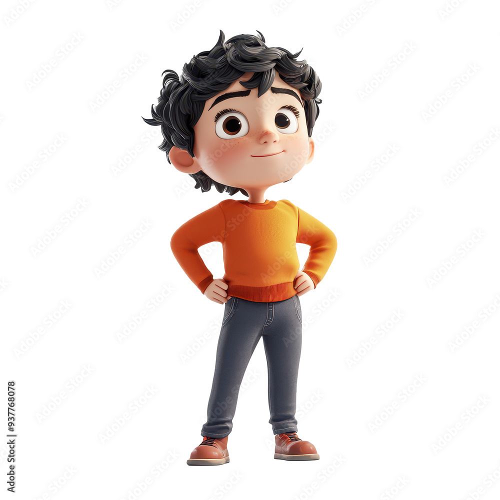 Cheerful cartoon boy standing confidently with hands on hips, wearing an orange sweater, embodying playful and fun character. Cheerful cartoon boy standing confidently with hands on hips, wearing an orange sweater, embodying playful and fun character.