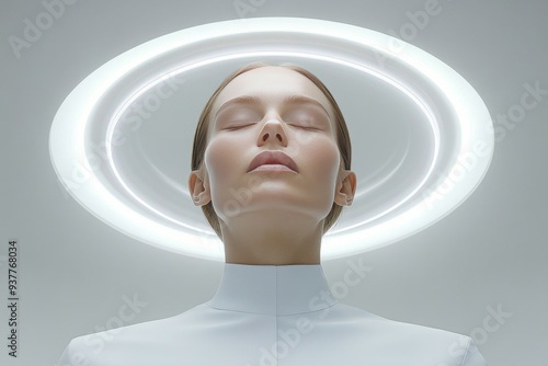 A futuristic portrayal of a serene woman meditating with glowing circular neural connections around her head representing enlightenment mental clarity and advanced technology