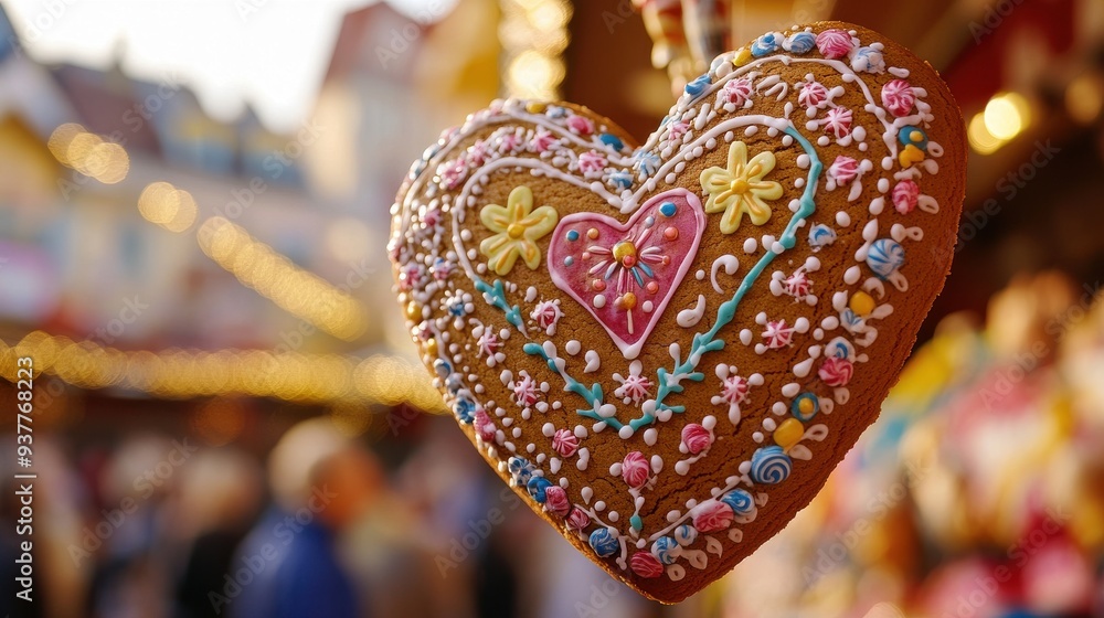 A close-up shot of a gingerbread heart cookie at Oktoberfest, intricately decorated with colorful icing and patterns, with a festive background of people and decorations, symbolizing the sweetness A close-up shot of a gingerbread heart cookie at Oktoberfest, intricately decorated with colorful icing and patterns, with a festive background of people and decorations, symbolizing the sweetness