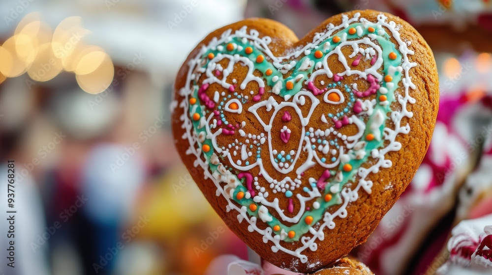 A close-up shot of a gingerbread heart cookie at Oktoberfest, intricately decorated with colorful icing and patterns, with a festive background of people and decorations, symbolizing the sweetness A close-up shot of a gingerbread heart cookie at Oktoberfest, intricately decorated with colorful icing and patterns, with a festive background of people and decorations, symbolizing the sweetness