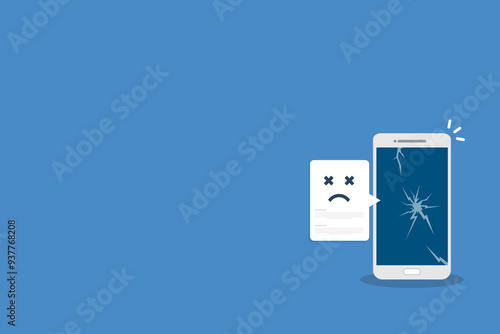 Broken smartphone with sad smile. Broken phone service, recovery and repair concept. 