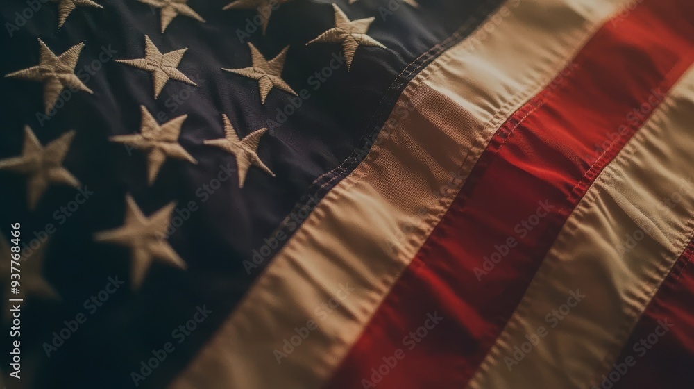 Fototapeta premium A detailed close-up of the American flag, with the focus on the stars and stripes, captured in a gentle breeze, symbolizing the pride, freedom, and heritage of the nation, with a blurred background