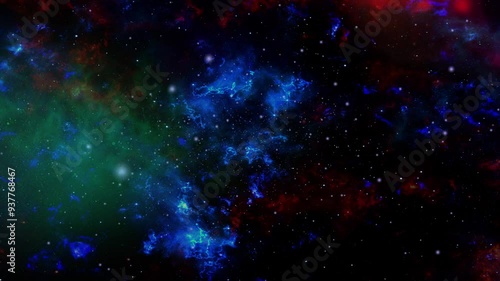 Flying through space past stars and cosmic dust. Beautiful futuristic landscape from a spaceship.