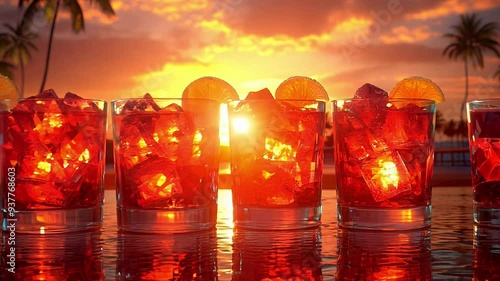 Colorful drinks filled with ice sit on a reflective surface during a stunning sunset by the beach, creating a vibrant and relaxing atmosphere.