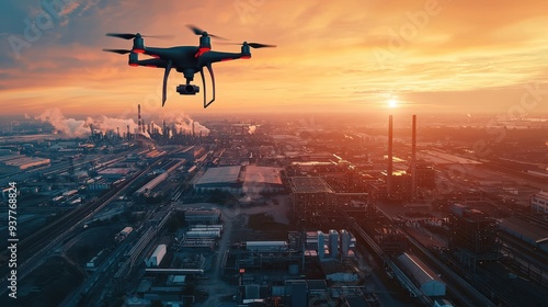 A drone capturing aerial footage of a large industrial complex, with AI-powered analytics providing real-time insights and predictions, showcasing the integration of AI and technology in modern