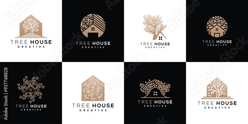 tree house nature logo design template collection, set of tree icons with house concept.