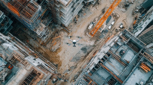 A drone flying overhead, capturing real-time footage of a large construction site, with AI-powered analytics interpreting the data and providing insights to project managers on the ground, photo