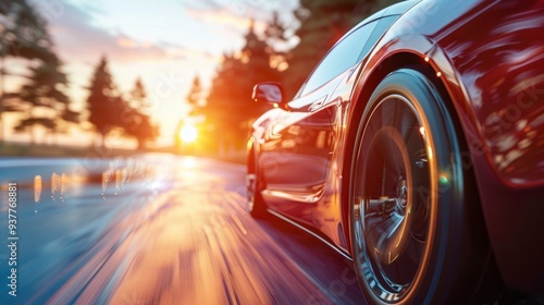 A red sports car speeds along a wet road at sunset, capturing the vibrant colors of the sky reflected on the surface, surrounded by trees and glistening drops
