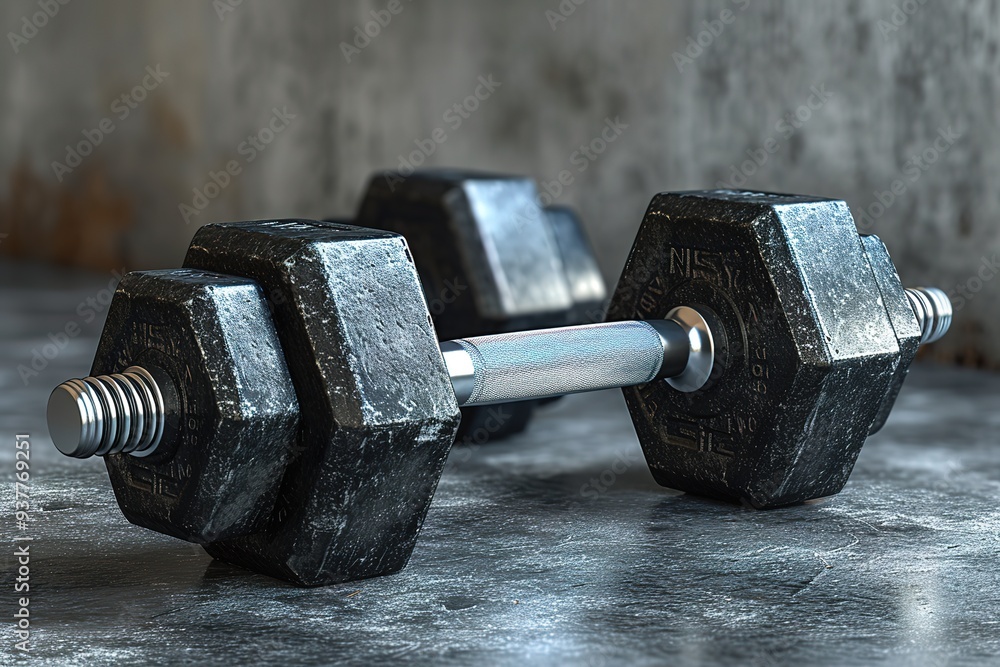 Fitness gym dumbbells and kettle bells with chrome handle and black plates in concrete room background, muscle exercise, bodybuilding or fitness concept
