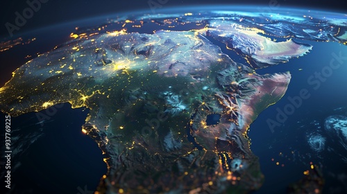 African continent from space at night, with glowing lights on cities and busy areas
