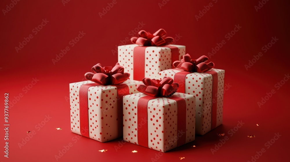 Obraz premium Festive Christmas Presents with Red Ribbons on Red Background