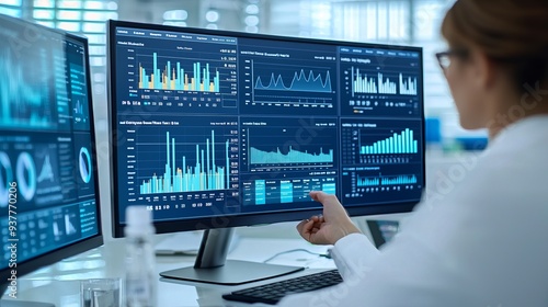 A professional analyzing data on multiple computer screens, showcasing graphs and statistics in a modern office environment.