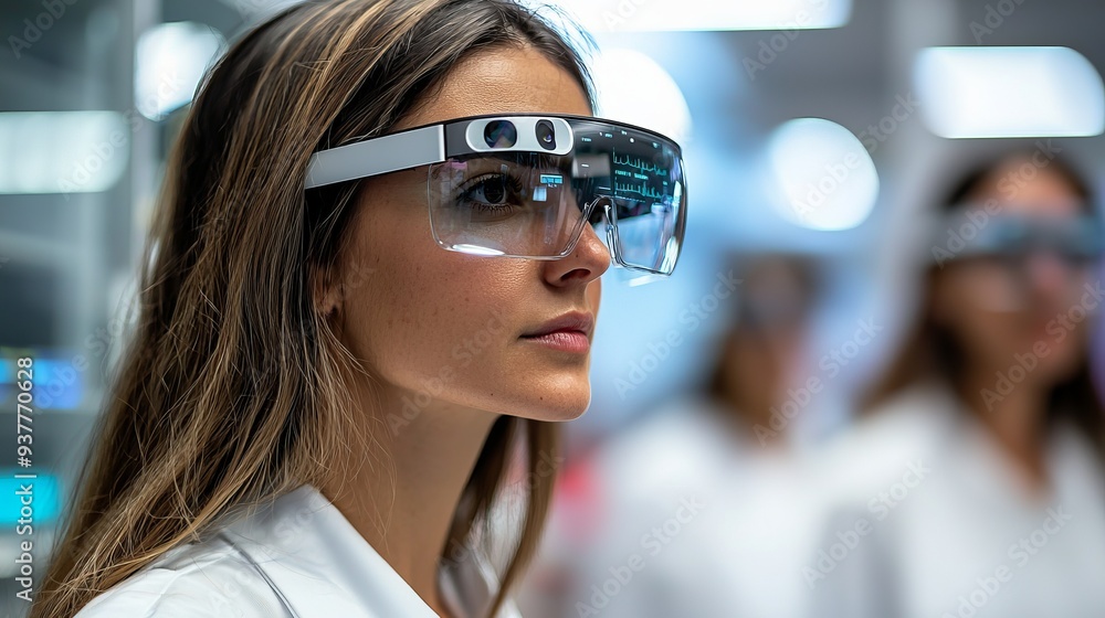 Female scientist wearing augmented reality glasses, focused on research in a modern laboratory setting. Technology meets innovation. Female scientist wearing augmented reality glasses, focused on research in a modern laboratory setting. Technology meets innovation.