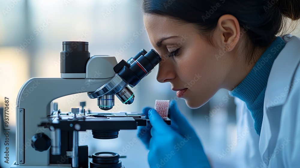 Focused scientist examining a sample under a microscope in a laboratory setting, showcasing dedication to research and discovery. Focused scientist examining a sample under a microscope in a laboratory setting, showcasing dedication to research and discovery.