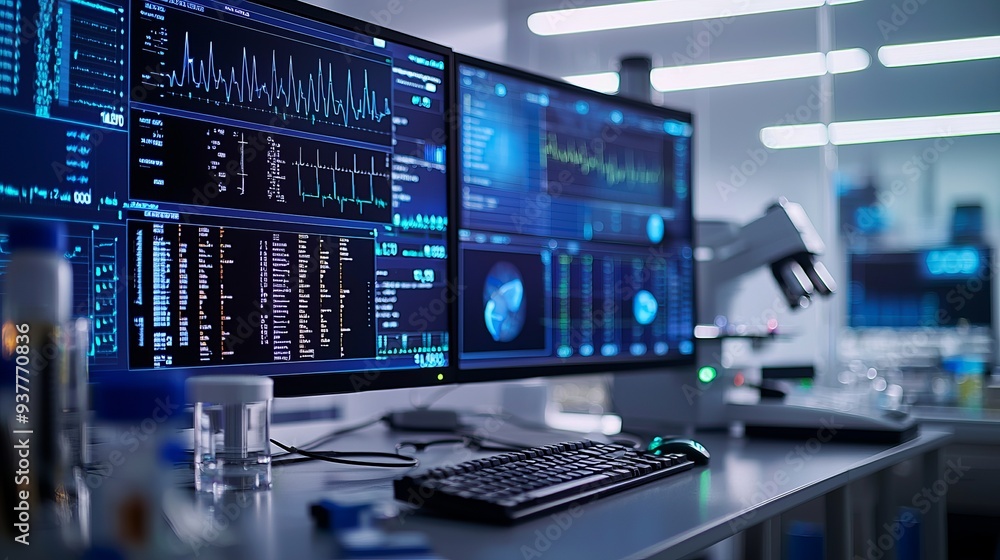 High-tech laboratory workspace featuring multiple screens displaying data and scientific information. High-tech laboratory workspace featuring multiple screens displaying data and scientific information.