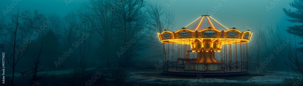 Fototapeta premium Glowing Carousel in an Abandoned Amusement Park at Night Haunting Concept with Copyspace