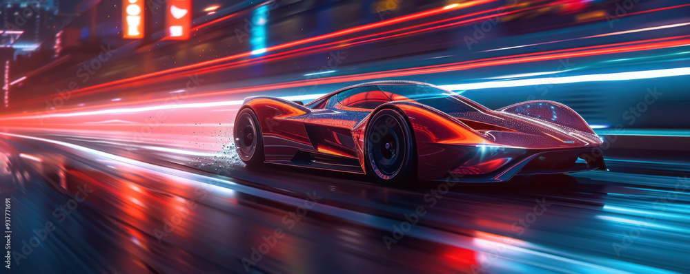 A striking red sports car races through a neon-lit cityscape at night, leaving a trail of light, showcasing speed, power, and cutting-edge design. A striking red sports car races through a neon-lit cityscape at night, leaving a trail of light, showcasing speed, power, and cutting-edge design.