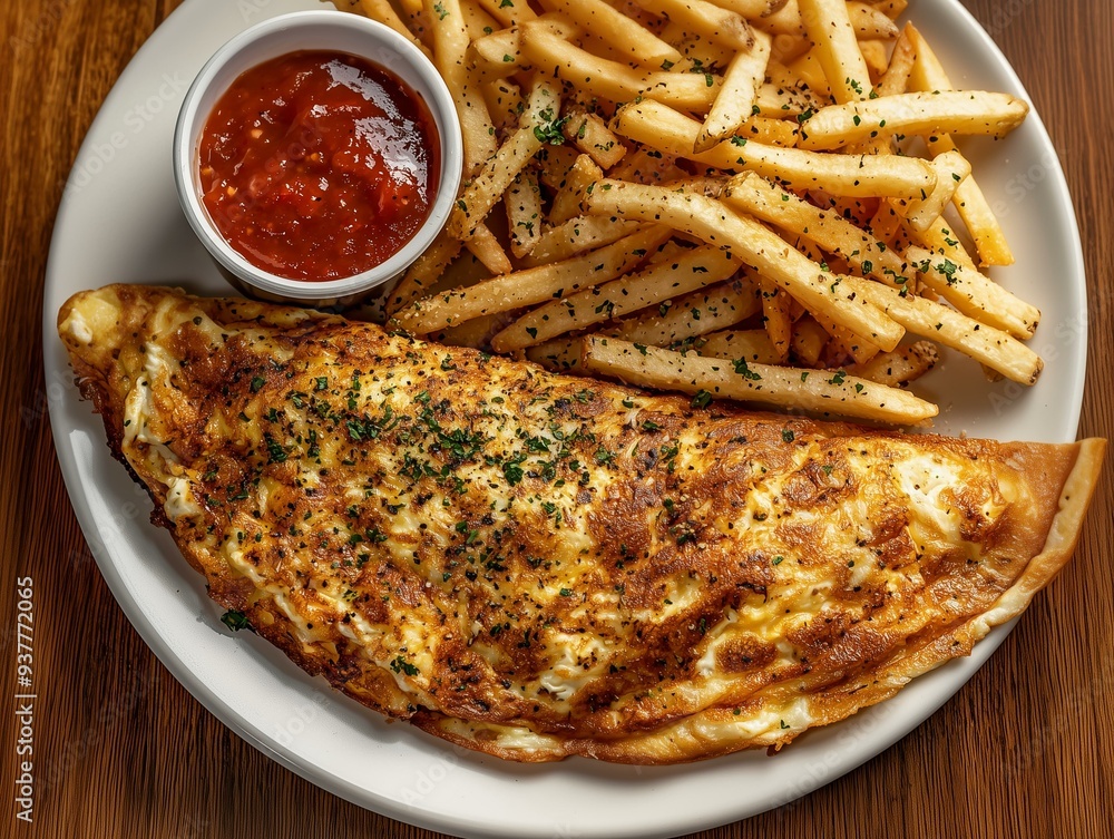 Plate of Seasoned Omelette with Fries on Transparent Background, Top View Featuring Crispy Fries and Omelette, Perfect for Comfort Food and Breakfast Plate of Seasoned Omelette with Fries on Transparent Background, Top View Featuring Crispy Fries and Omelette, Perfect for Comfort Food and Breakfast