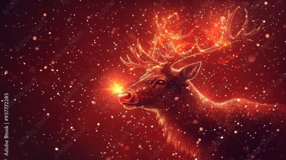 Festive Reindeer with Glowing Nose on Red Background