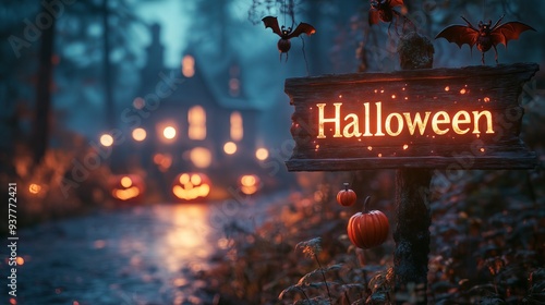 wooden sign with glowing text 