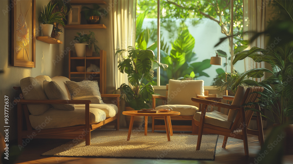 Fototapeta premium Cozy Living Room with Warm Natural Lighting and Wooden Furniture