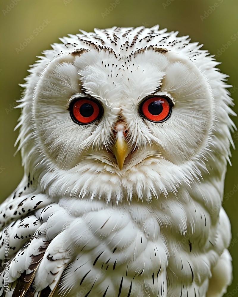 Obraz premium A close-up of a snowy owl with bright red eyes looking directly at the camera.