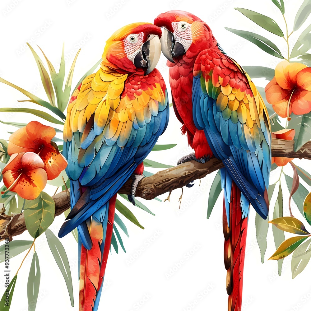 Obraz premium a painting of 2 colorful parrots on a branch tree, front view, on a white background