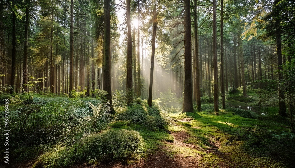 Obraz premium A tranquil forest with sunlight filtering through tall trees.
