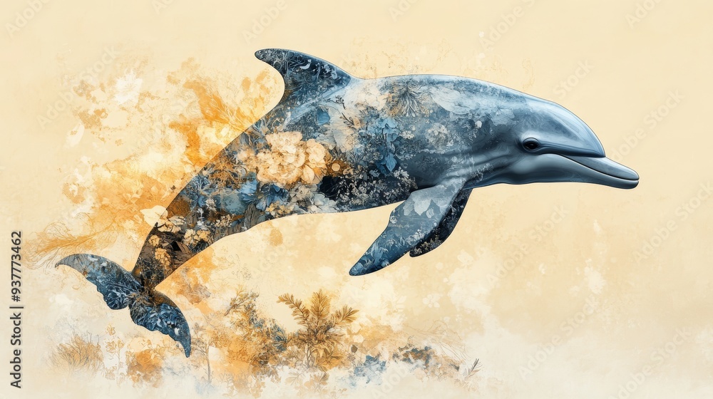 Obraz premium A vibrant dolphin leaps gracefully through splashes of color, showcasing the beauty and elegance of marine life in a stunning composition.