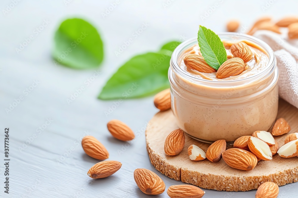 A creamy almond spread in a jar, garnished with fresh leaves and surrounded by whole almonds on a wooden surface. A creamy almond spread in a jar, garnished with fresh leaves and surrounded by whole almonds on a wooden surface.
