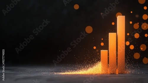 A vibrant bar graph in orange representing growth and success, set against a dark background with glowing particles.