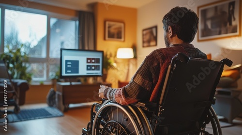 A person with disabilities using a voice-activated smart home system to control lights and temperature, the user interacting with a screen displaying options, the environment adapted for