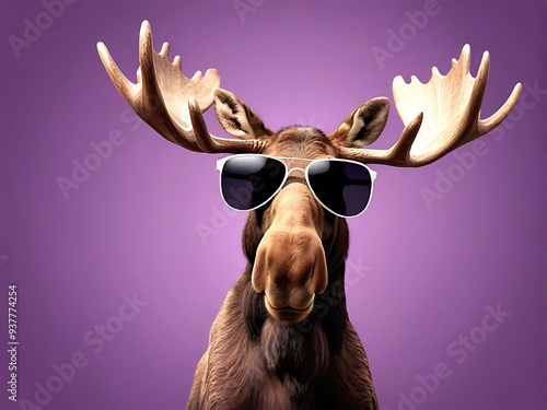 Moose Wearing Sunglasses on a Solid Color Background, Stylish and Cool Moose in Sunglasses