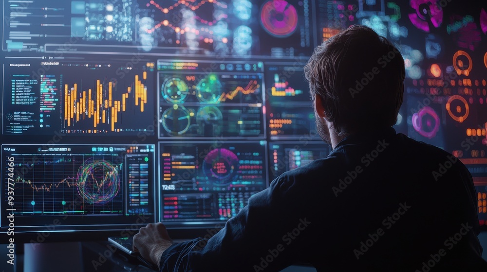 A data scientist analyzing a large set of data on a digital interface, the screen displaying colorful graphs, charts, and algorithms, the individual deep in concentration, representing the power of A data scientist analyzing a large set of data on a digital interface, the screen displaying colorful graphs, charts, and algorithms, the individual deep in concentration, representing the power of