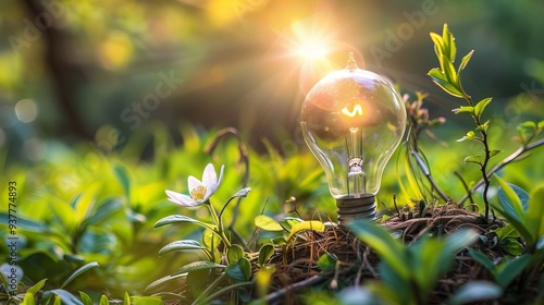 light bulb on green grass ground, surrounded by plants, sunlight, sustainable energy concept, copy space