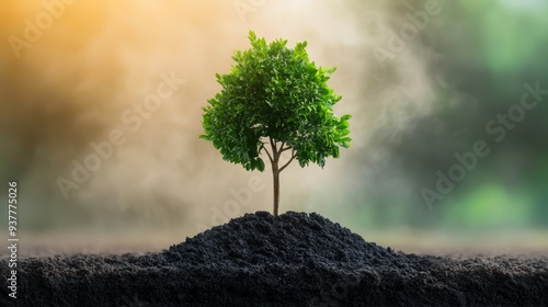 A vibrant green tree grows from dark soil, symbolizing life, nature, and environmental sustainability against a hazy backdrop. photo