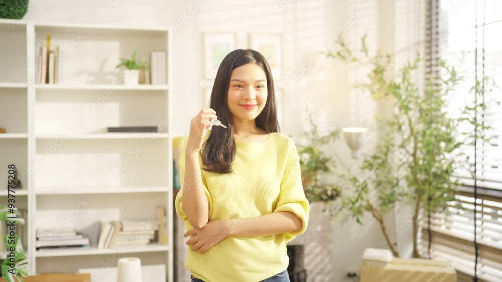 4K Portrait of Asian woman holding a key in living room at new home. Happy girl relocation moving to new house or apartment. Real estate, mortgage loan, home insurance and delivery service concept. 4K Portrait of Asian woman holding a key in living room at new home. Happy girl relocation moving to new house or apartment. Real estate, mortgage loan, home insurance and delivery service concept.
