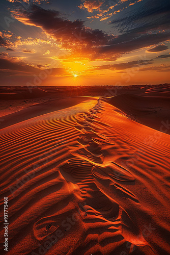 Sunset over a desert with sand dunes
 photo