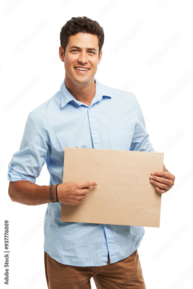 Man, studio and point at blank cardboard, portrait and mockup space for vote by white background. Person, poster or sign for choice, review or smile with info, deal or recruitment for creative agency Man, studio and point at blank cardboard, portrait and mockup space for vote by white background. Person, poster or sign for choice, review or smile with info, deal or recruitment for creative agency