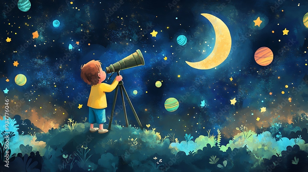 Naklejka premium A young boy gazes at the night sky with a telescope, surrounded by stars, planets, and a crescent moon.